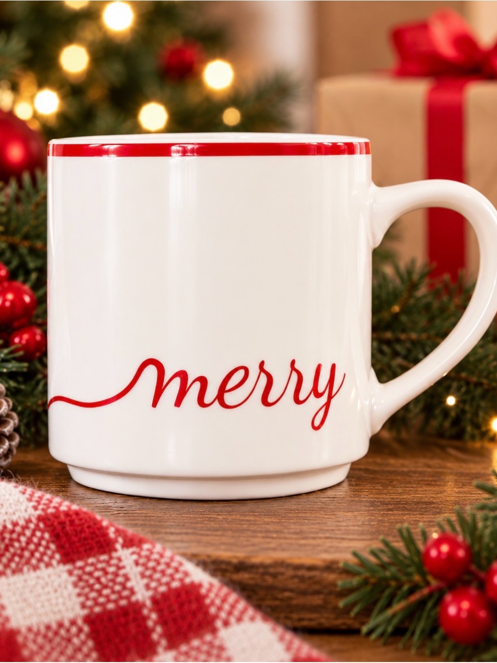 Morris Design Merry & Bright Christmas Mug Red White Holiday Coffee Cup